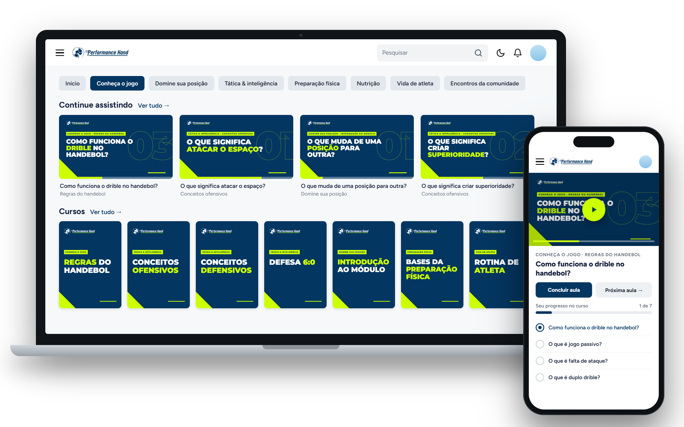 A plataforma Performance Hand na Memberkit, aberta no notebook e no celular